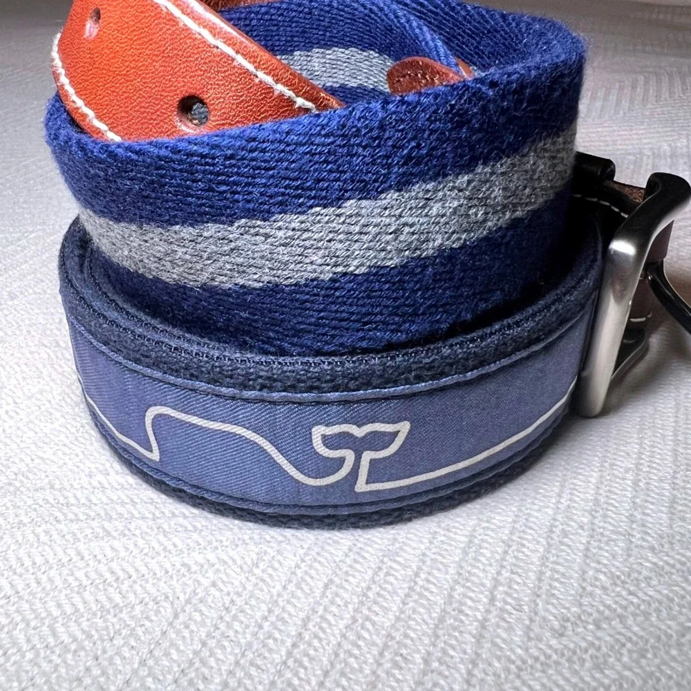 Set of 2 Vineyard Vines Mens Canvas Leather Belts Whale Striped Navy Blue 34